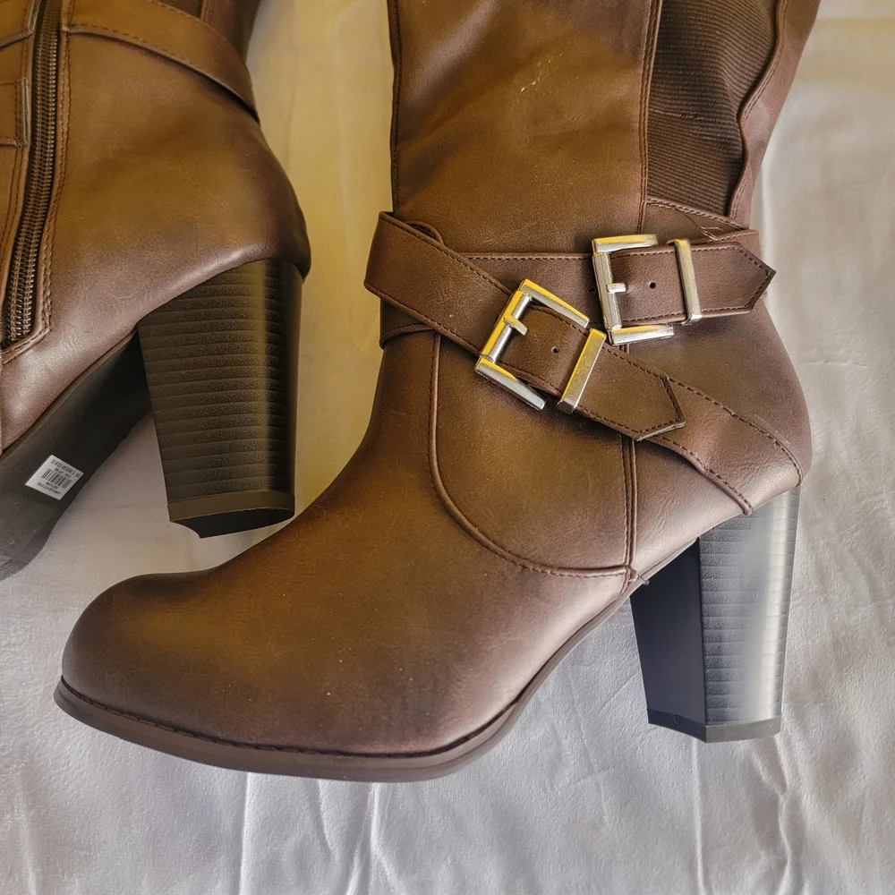 torrid Brown Mid-Calf Heeled Buckle Riding Boots - Picture 2 of 8